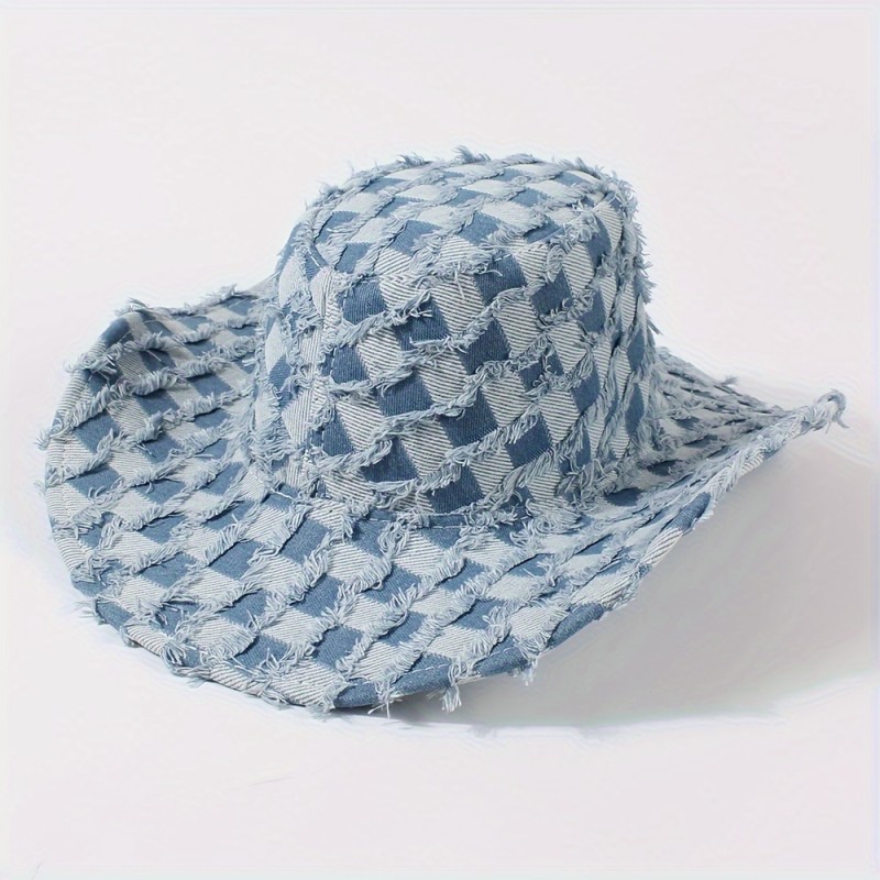 Raw Hem Denim Cowboy Hat Trendy Checkered Washed Distressed Blue Sun Hats Outdoor Hiking Fishing Boonie Cap For Women