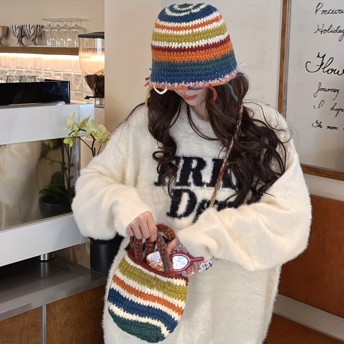 1pc Vintage Crochet Tassel Striped Beanie - Acrylic Handmade Knit Hat for Women, Elastic Graduated Color Winter Cap, Lightweight with Professional Dry Clean Care Instructions