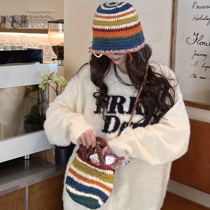 1pc Vintage Crochet Tassel Striped Beanie - Acrylic Handmade Knit Hat for Women, Elastic Graduated Color Winter Cap, Lightweight with Professional Dry Clean Care Instructions