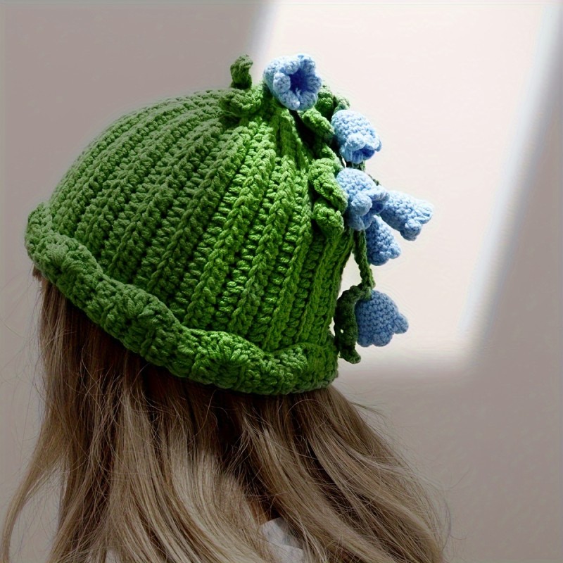 Handmade Crochet Knit Women's Beanie - Acrylic Winter Warm Cap with Fresh Lily Flower Blossoms, Drawstring Furry Hat for Christmas, Movie Themed Inelastic Green