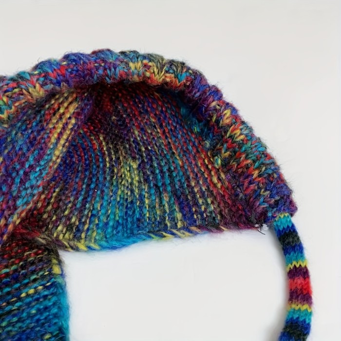 Rainbow Knit Beanie Hat for Women - Soft Polyester, Hand Washable, Non-Stretchy, Collapsible Design