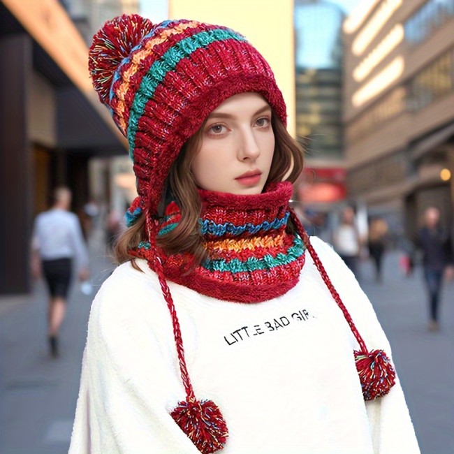 New Year Elastic Knit Beanie and Scarf Set for Women - Warm Acrylic Pom-Pom Skull Cap with Toggle Closure, Breathable Hand-Knit Winter Hat with Ear Protection - 100% Acrylic Composition, Hand Washable