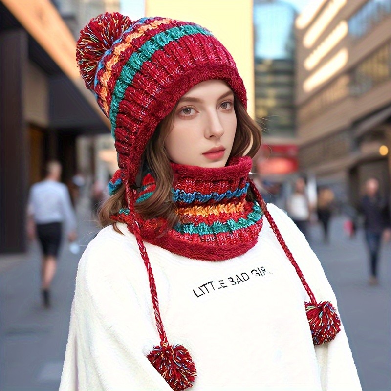 New Year Elastic Knit Beanie and Scarf Set for Women - Warm Acrylic Pom-Pom Skull Cap with Toggle Closure, Breathable Hand-Knit Winter Hat with Ear Protection - 100% Acrylic Composition, Hand Washable