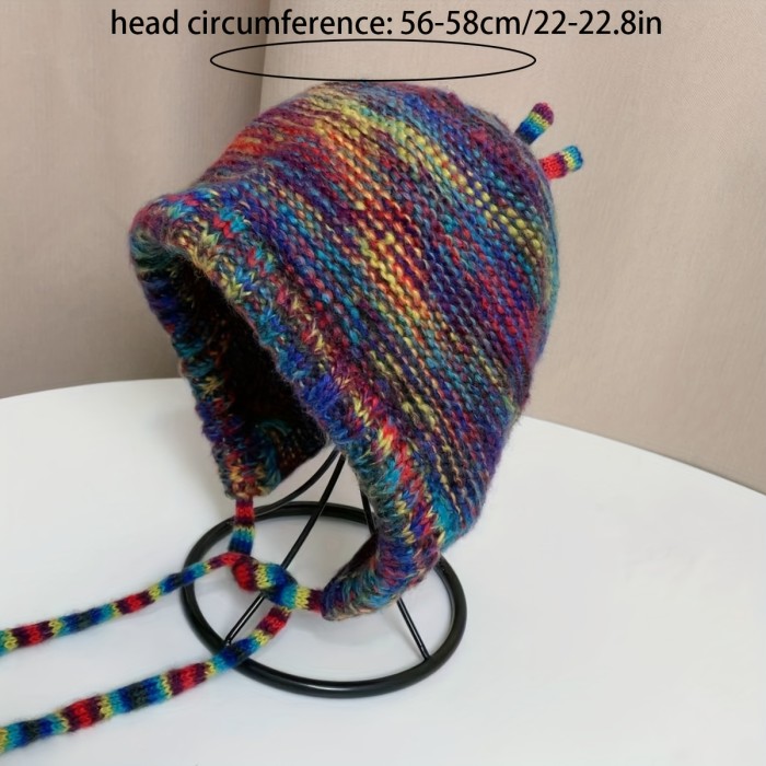 Rainbow Knit Beanie Hat for Women - Soft Polyester, Hand Washable, Non-Stretchy, Collapsible Design
