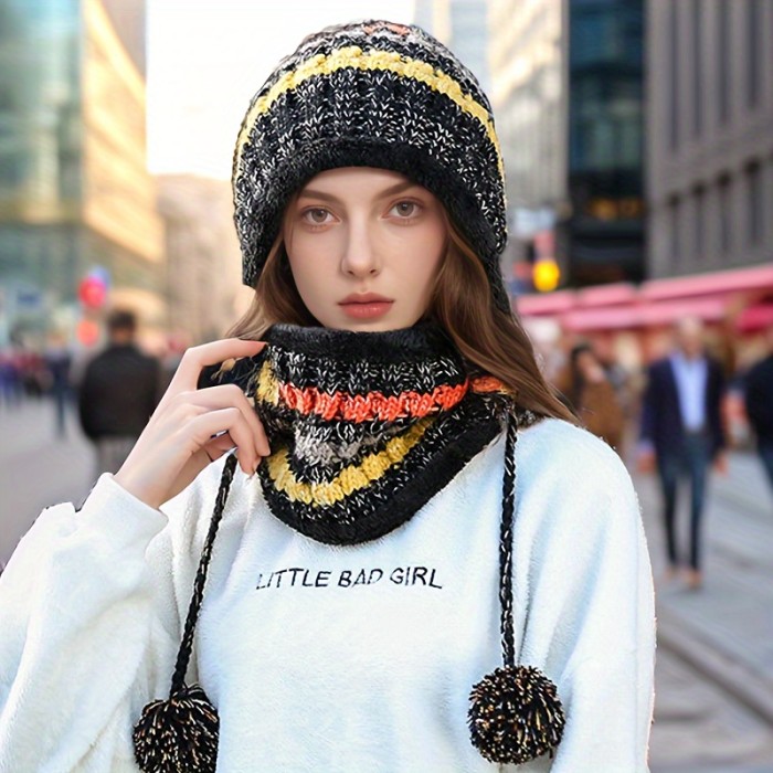 New Year Elastic Knit Beanie and Scarf Set for Women - Warm Acrylic Pom-Pom Skull Cap with Toggle Closure, Breathable Hand-Knit Winter Hat with Ear Protection - 100% Acrylic Composition, Hand Washable