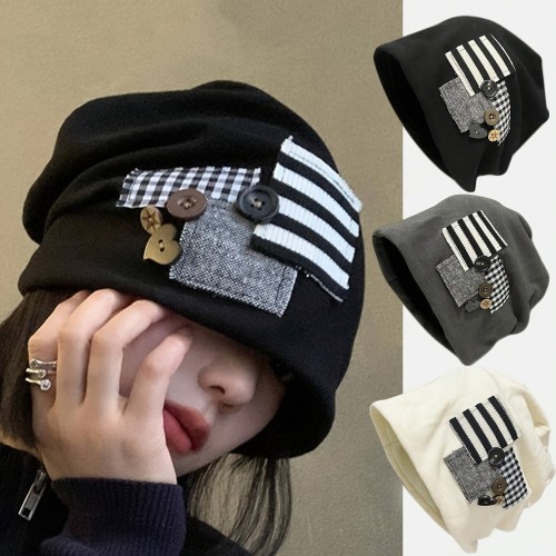 Women's Striped Patchwork Cotton Beanie with Button Accents - Elastic Knit Skull Cap, Lightweight, Toggle Closure - Festive Holiday Theme for New Year's Celebrations