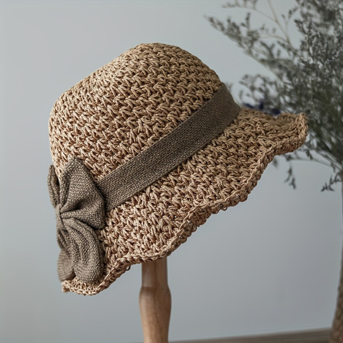 Elegant French Style Sun Hat for Women - Hand-Woven Linen Bucket Cap with Retro Ruffle Brim and Butterfly Knot, Breathable, Foldable Travel Beach Hat with No Feathers, Elastic and Washable