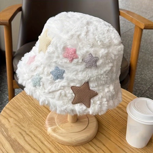 1pc Women'S Plush Bucket Hat with Colorful Star Embellishments, Polyester Non-Stretch Fabric, Knitted Fisherman Cap with Wide Brim, Foldable and Dry Clean Only