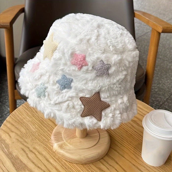 1pc Women'S Plush Bucket Hat with Colorful Star Embellishments, Polyester Non-Stretch Fabric, Knitted Fisherman Cap with Wide Brim, Foldable and Dry Clean Only