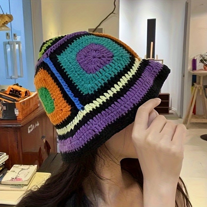 Women's Crochet Knitted Basin Hat, Personalized Colorful Bucket Hat, Lightweight Elastic Fisherman Hat