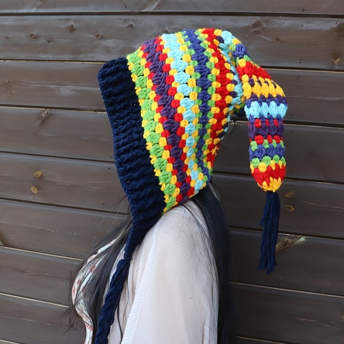 Rainbow Striped Oversized Ear Flap Hat Thick Warm Beanies Pom Pom Pendant Skull Cap Classic Elf Hat For Women Female Autumn & Winter