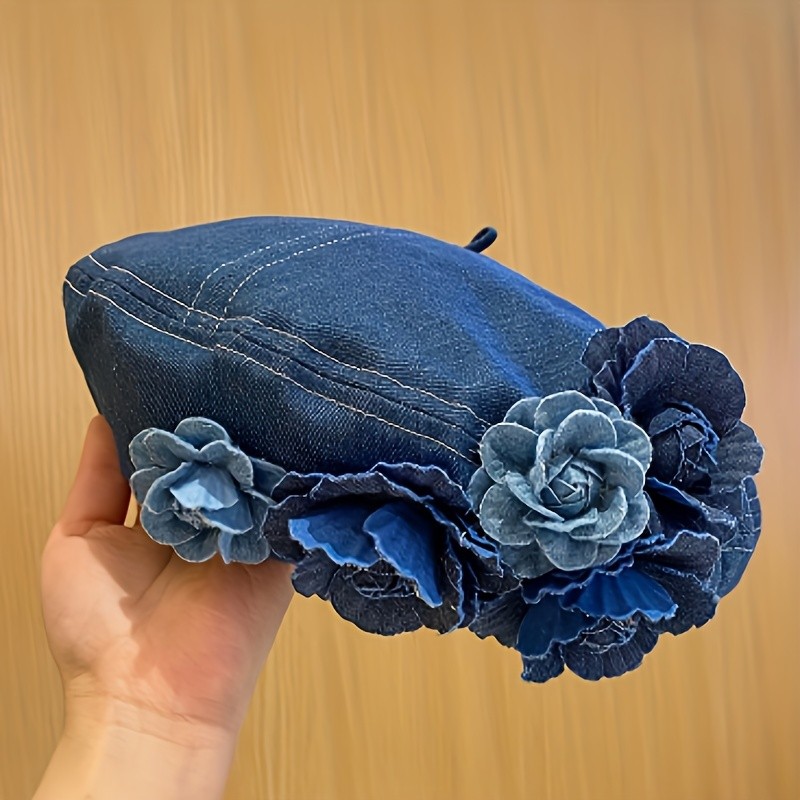 Womens Retro Blue Denim Flower Embellished Beret Hat - Fashion-Forward & Breathable, Perfect for Outdoor Adventures and Travel - Stylish, Comfortable, Adjustable Fit