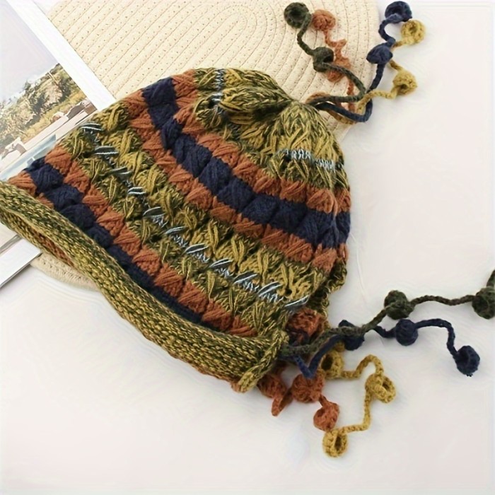 Cozy Hand-Knit Colorful Striped Beanie with Ear Flaps - Thick, Warm & Windproof for Women | Perfect for Autumn & Winter