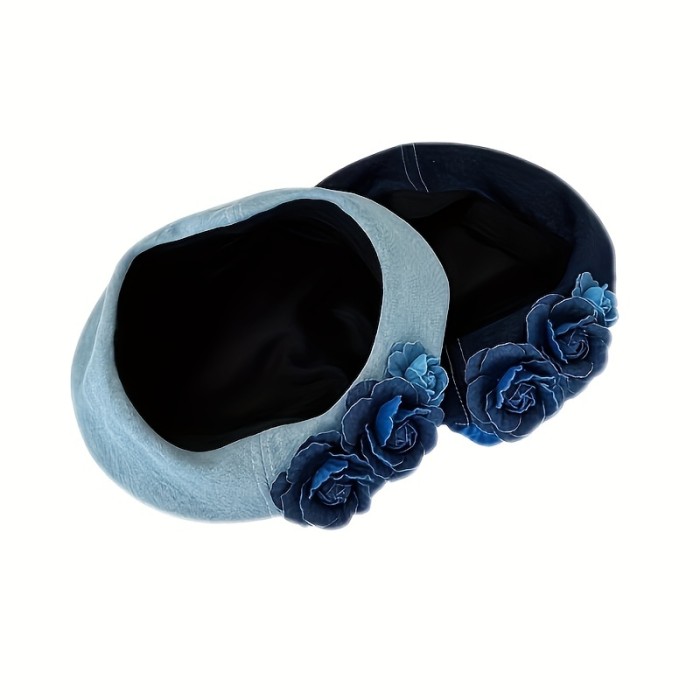 Womens Retro Blue Denim Flower Embellished Beret Hat - Fashion-Forward & Breathable, Perfect for Outdoor Adventures and Travel - Stylish, Comfortable, Adjustable Fit