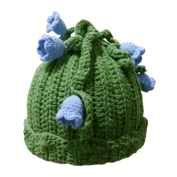 Handmade Crochet Knit Women's Beanie - Acrylic Winter Warm Cap with Fresh Lily Flower Blossoms, Drawstring Furry Hat for Christmas, Movie Themed Inelastic Green