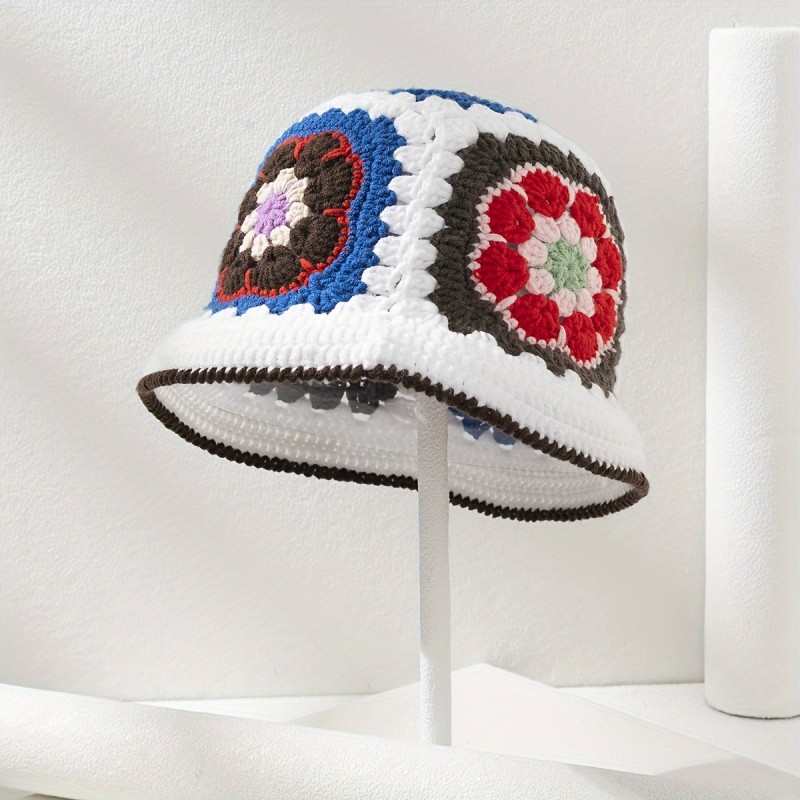 Handmade Acrylic Knit Beanie Hat with Daisy Pattern - Lightweight, Non-Stretch Craftsmanship, Flower Motif Knitted Skull Cap