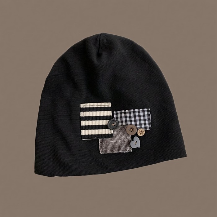 Women's Striped Patchwork Cotton Beanie with Button Accents - Elastic Knit Skull Cap, Lightweight, Toggle Closure - Festive Holiday Theme for New Year's Celebrations