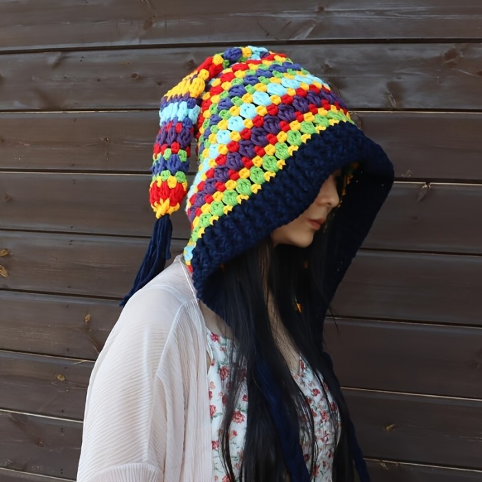 Rainbow Striped Oversized Ear Flap Hat Thick Warm Beanies Pom Pom Pendant Skull Cap Classic Elf Hat For Women Female Autumn & Winter