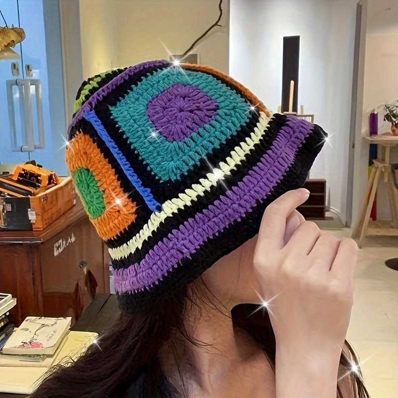 Women's Crochet Knitted Basin Hat, Personalized Colorful Bucket Hat, Lightweight Elastic Fisherman Hat