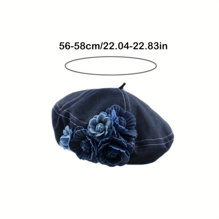 Womens Retro Blue Denim Flower Embellished Beret Hat - Fashion-Forward & Breathable, Perfect for Outdoor Adventures and Travel - Stylish, Comfortable, Adjustable Fit