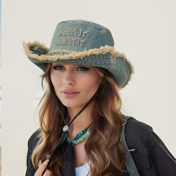 Vintage Frayed Edge Bucket Hat, Distressed Denim Fisherman Cap For Outdoor, Camping, Hiking, Photography, Cowboy Style Unisex Hat