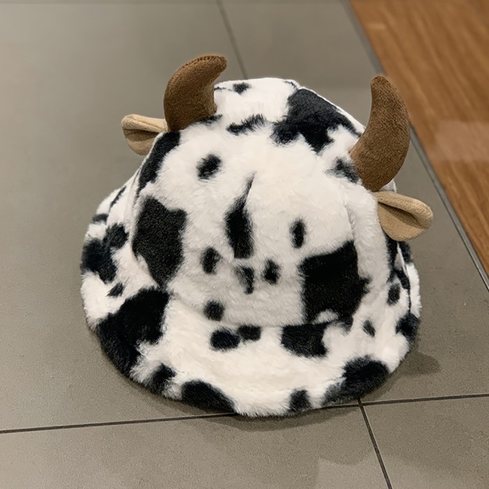 Cute Cow Print Fuzzy Bucket Hat For Women Girls Black & White Warm Furry Hats Winter Coldproof Fisherman Cap