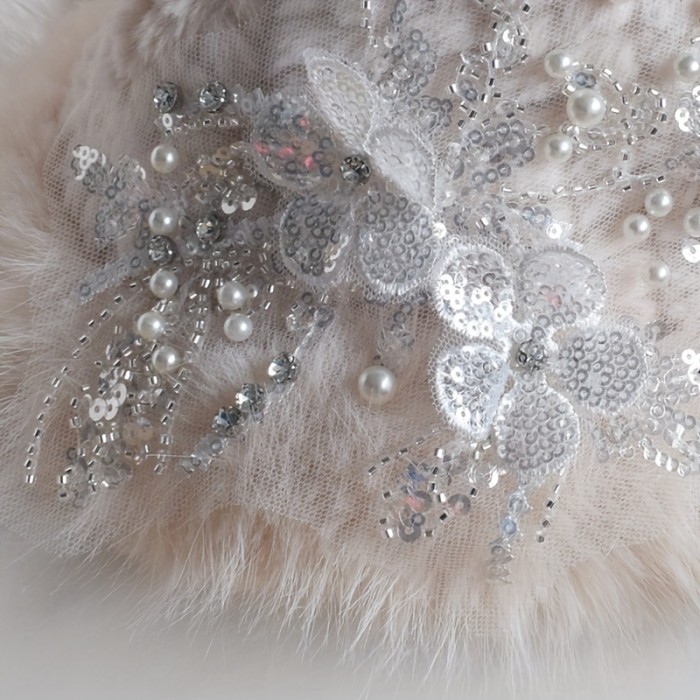 Women's Winter Warm Faux Fur Cap with Embroidered Rhinestone Floral Design, Acrylic Hand Washable Lightweight Non-Stretch Hat