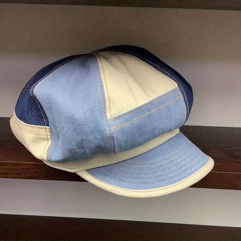 Blue Denim Patchwork Newsboy Hat Classic 8 Panels Newsboy Cap Cabbie Hats Unisex Octagonal Cap For Women & Men