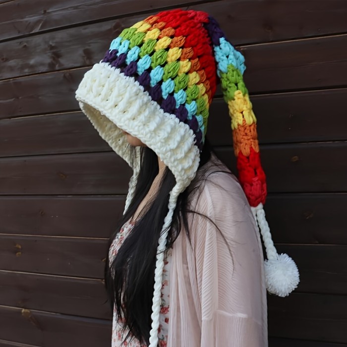 Rainbow Striped Oversized Ear Flap Hat Thick Warm Beanies Pom Pom Pendant Skull Cap Classic Elf Hat For Women Female Autumn & Winter