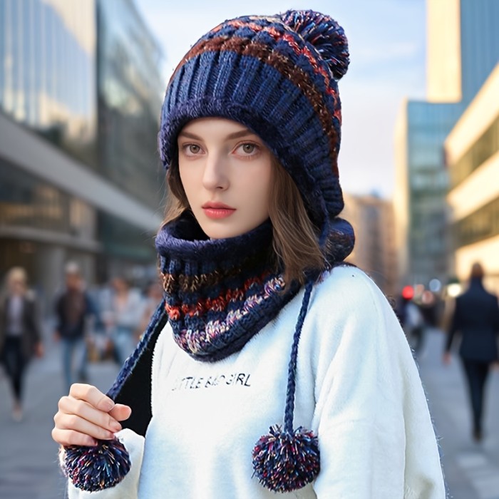 New Year Elastic Knit Beanie and Scarf Set for Women - Warm Acrylic Pom-Pom Skull Cap with Toggle Closure, Breathable Hand-Knit Winter Hat with Ear Protection - 100% Acrylic Composition, Hand Washable