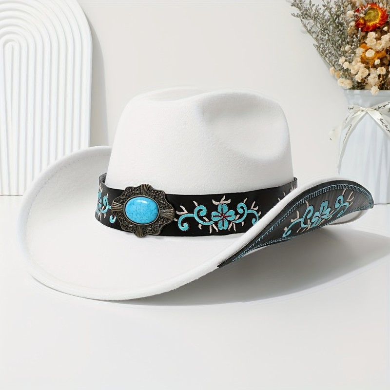 Lady's Elegant Felt Cowboy Hat with Turquoise Stone and Embroidered Belt - Perfect for Dance Parties, Graduations, and Festive Occasions