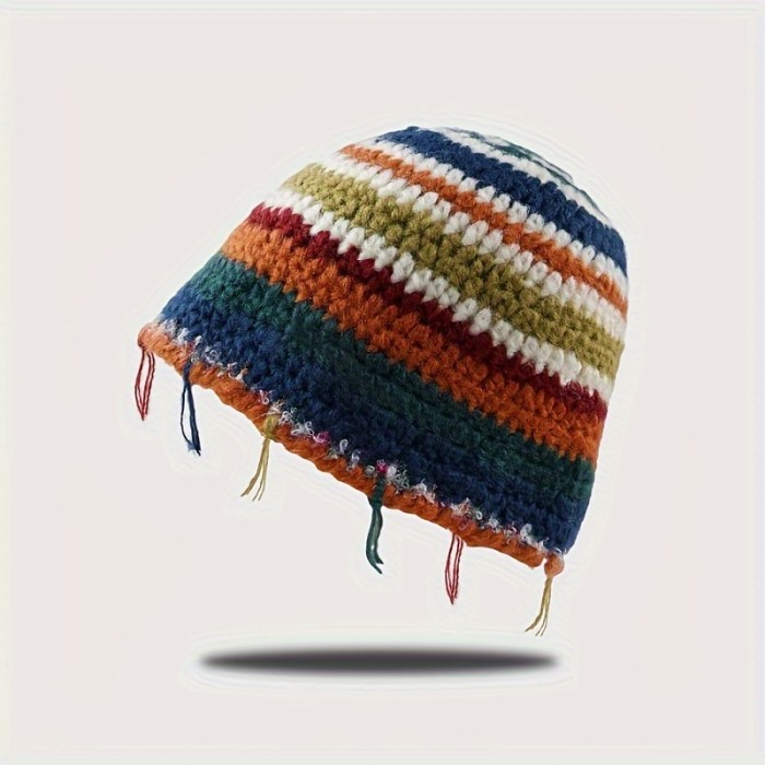 1pc Vintage Crochet Tassel Striped Beanie - Acrylic Handmade Knit Hat for Women, Elastic Graduated Color Winter Cap, Lightweight with Professional Dry Clean Care Instructions