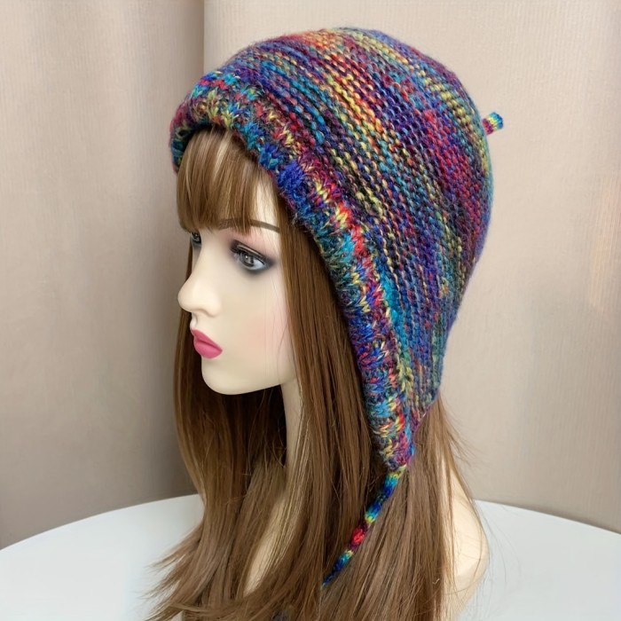 Rainbow Knit Beanie Hat for Women - Soft Polyester, Hand Washable, Non-Stretchy, Collapsible Design