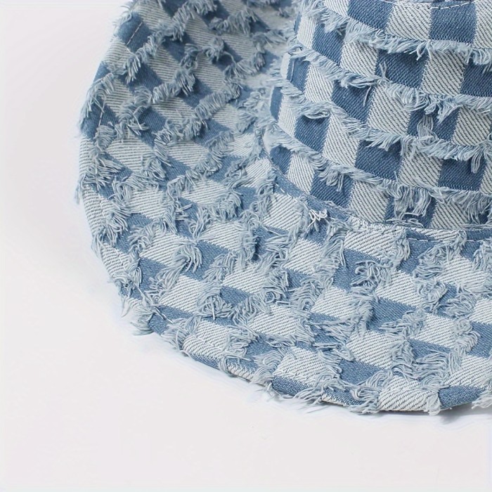 Raw Hem Denim Cowboy Hat Trendy Checkered Washed Distressed Blue Sun Hats Outdoor Hiking Fishing Boonie Cap For Women