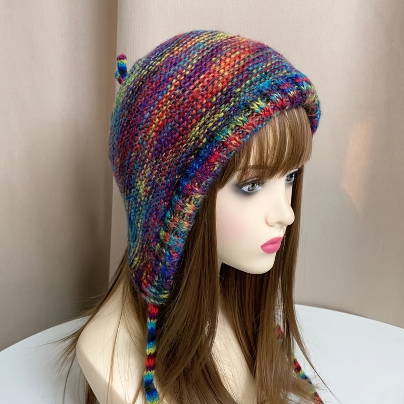 Rainbow Knit Beanie Hat for Women - Soft Polyester, Hand Washable, Non-Stretchy, Collapsible Design
