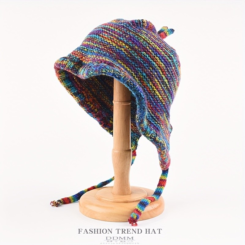 Colorful Ear Protection Warm Bucket Hat, Ethnic Style Windproof Versatile Knitted Hat With Ear Flap Design