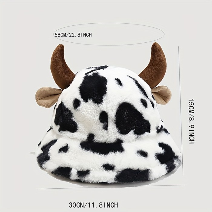 Cute Cow Print Fuzzy Bucket Hat For Women Girls Black & White Warm Furry Hats Winter Coldproof Fisherman Cap