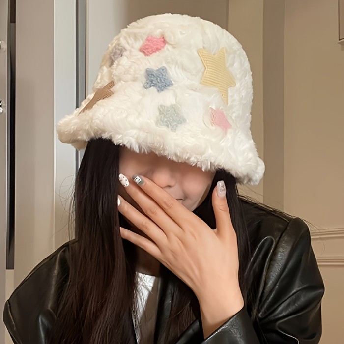 1pc Women'S Plush Bucket Hat with Colorful Star Embellishments, Polyester Non-Stretch Fabric, Knitted Fisherman Cap with Wide Brim, Foldable and Dry Clean Only