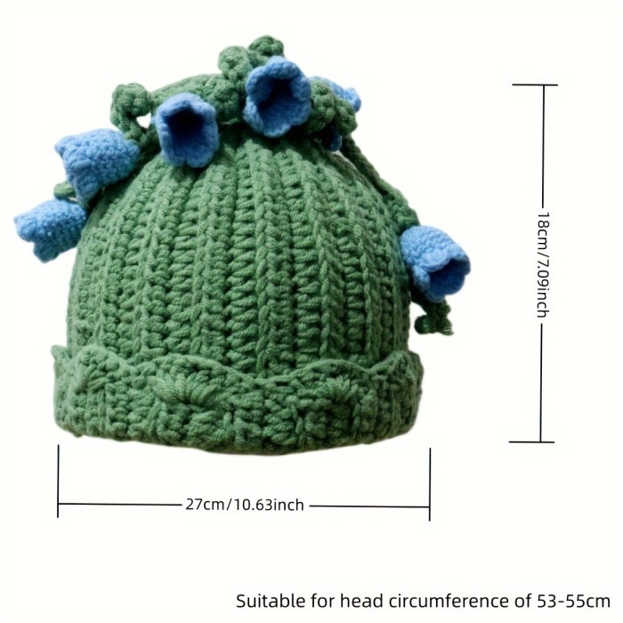 Handmade Crochet Knit Women's Beanie - Acrylic Winter Warm Cap with Fresh Lily Flower Blossoms, Drawstring Furry Hat for Christmas, Movie Themed Inelastic Green