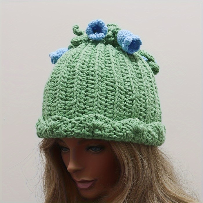 Handmade Crochet Knit Women's Beanie - Acrylic Winter Warm Cap with Fresh Lily Flower Blossoms, Drawstring Furry Hat for Christmas, Movie Themed Inelastic Green