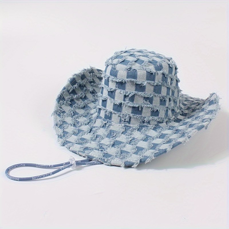 Raw Hem Denim Cowboy Hat Trendy Checkered Washed Distressed Blue Sun Hats Outdoor Hiking Fishing Boonie Cap For Women