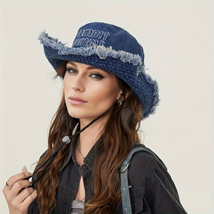 Vintage Frayed Edge Bucket Hat, Distressed Denim Fisherman Cap For Outdoor, Camping, Hiking, Photography, Cowboy Style Unisex Hat