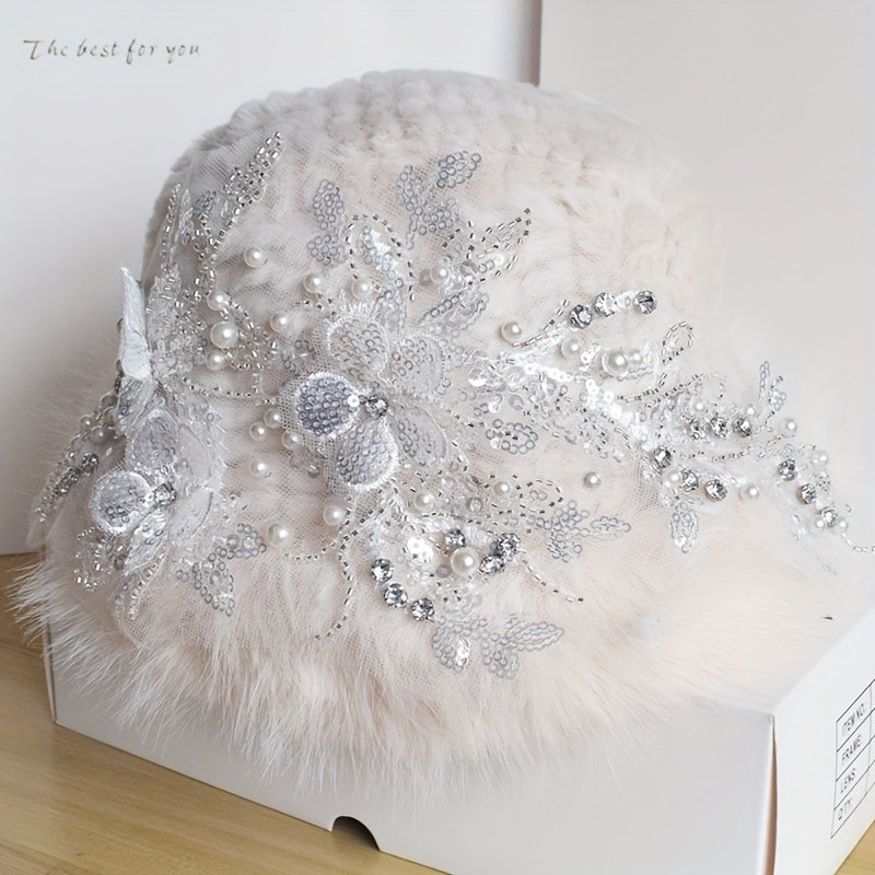 Women's Winter Warm Faux Fur Cap with Embroidered Rhinestone Floral Design, Acrylic Hand Washable Lightweight Non-Stretch Hat