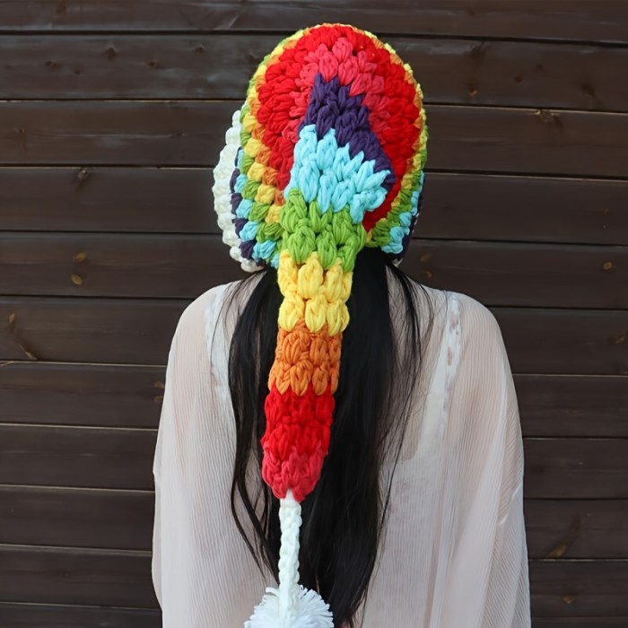 Rainbow Striped Oversized Ear Flap Hat Thick Warm Beanies Pom Pom Pendant Skull Cap Classic Elf Hat For Women Female Autumn & Winter