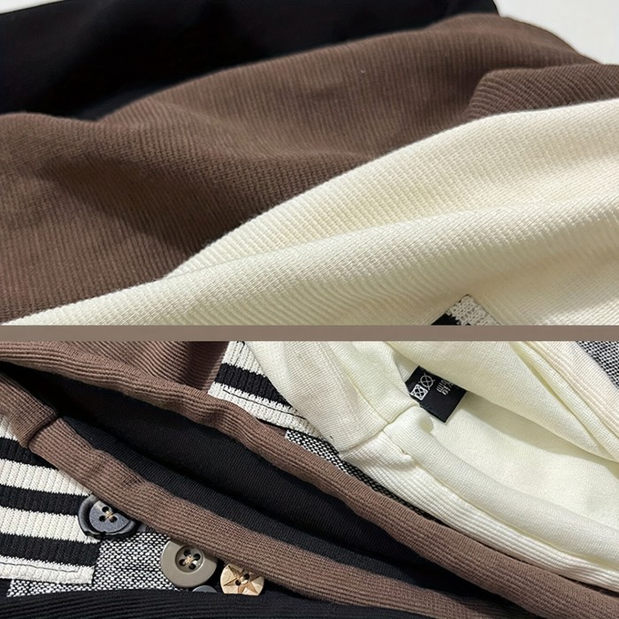 Women's Striped Patchwork Cotton Beanie with Button Accents - Elastic Knit Skull Cap, Lightweight, Toggle Closure - Festive Holiday Theme for New Year's Celebrations