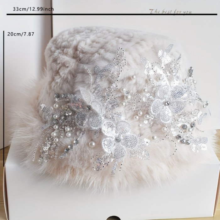 Women's Winter Warm Faux Fur Cap with Embroidered Rhinestone Floral Design, Acrylic Hand Washable Lightweight Non-Stretch Hat