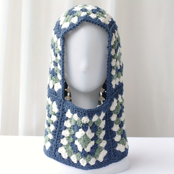 Handmade Crochet Balaclava Hood Women's Fashionable Knitted Head and Neck Warmer for Autumn and Winter, Breathable Cotton Blend, Elastic, Professional Dry Clean, Furry Hat Style