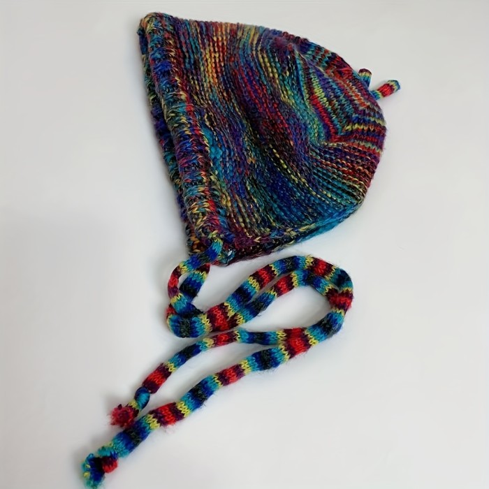 Rainbow Knit Beanie Hat for Women - Soft Polyester, Hand Washable, Non-Stretchy, Collapsible Design