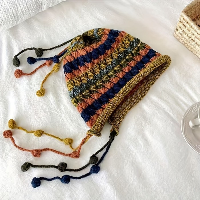 Cozy Hand-Knit Colorful Striped Beanie with Ear Flaps - Thick, Warm & Windproof for Women | Perfect for Autumn & Winter