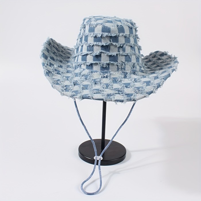 Raw Hem Denim Cowboy Hat Trendy Checkered Washed Distressed Blue Sun Hats Outdoor Hiking Fishing Boonie Cap For Women